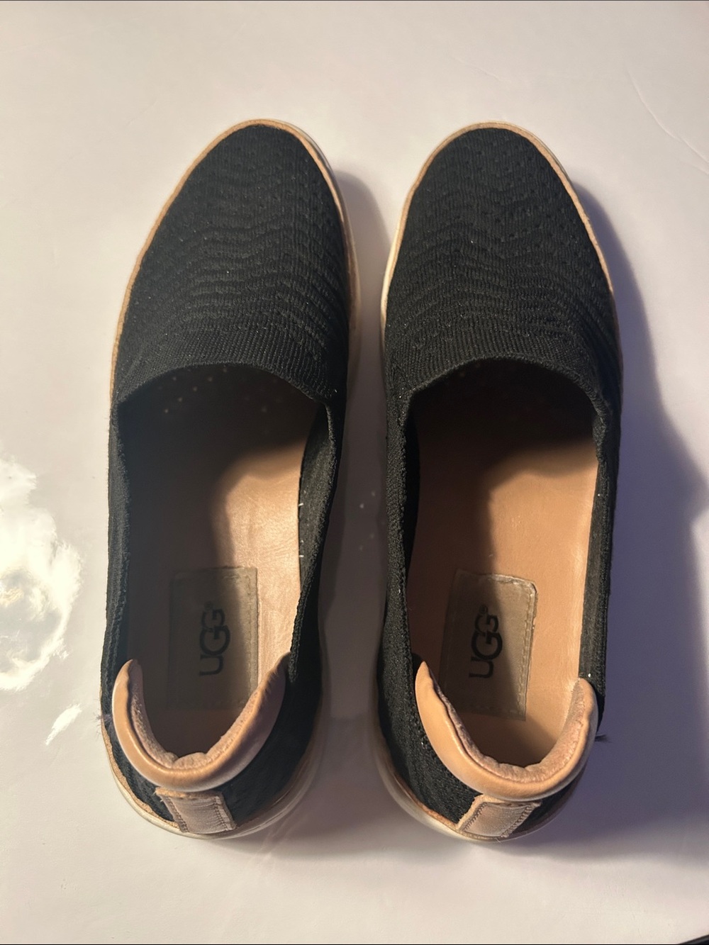 UGG Black Knit Slip-On Sneakers with Tan Accents